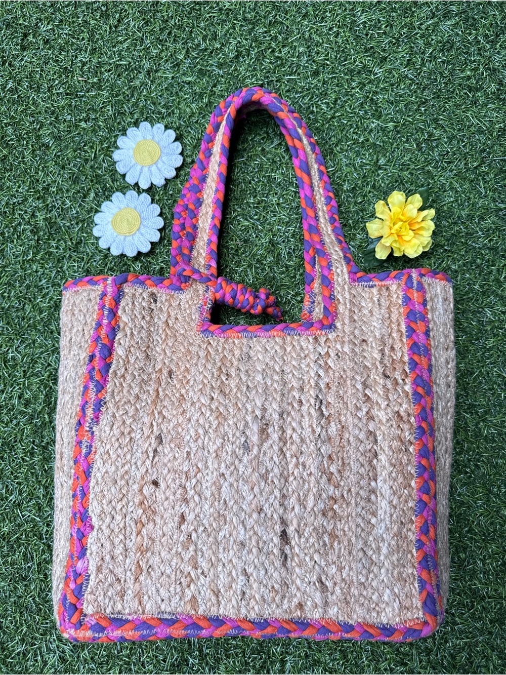 No Boundaries Jute Woven Tote Bag Pink Orange Purple Braided Trim Boho